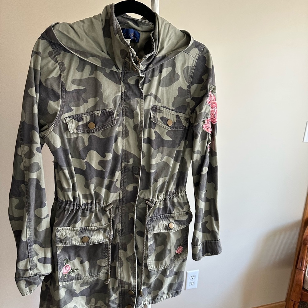Blue Rain Camouflage Utility Jacket with Pink Floral Details